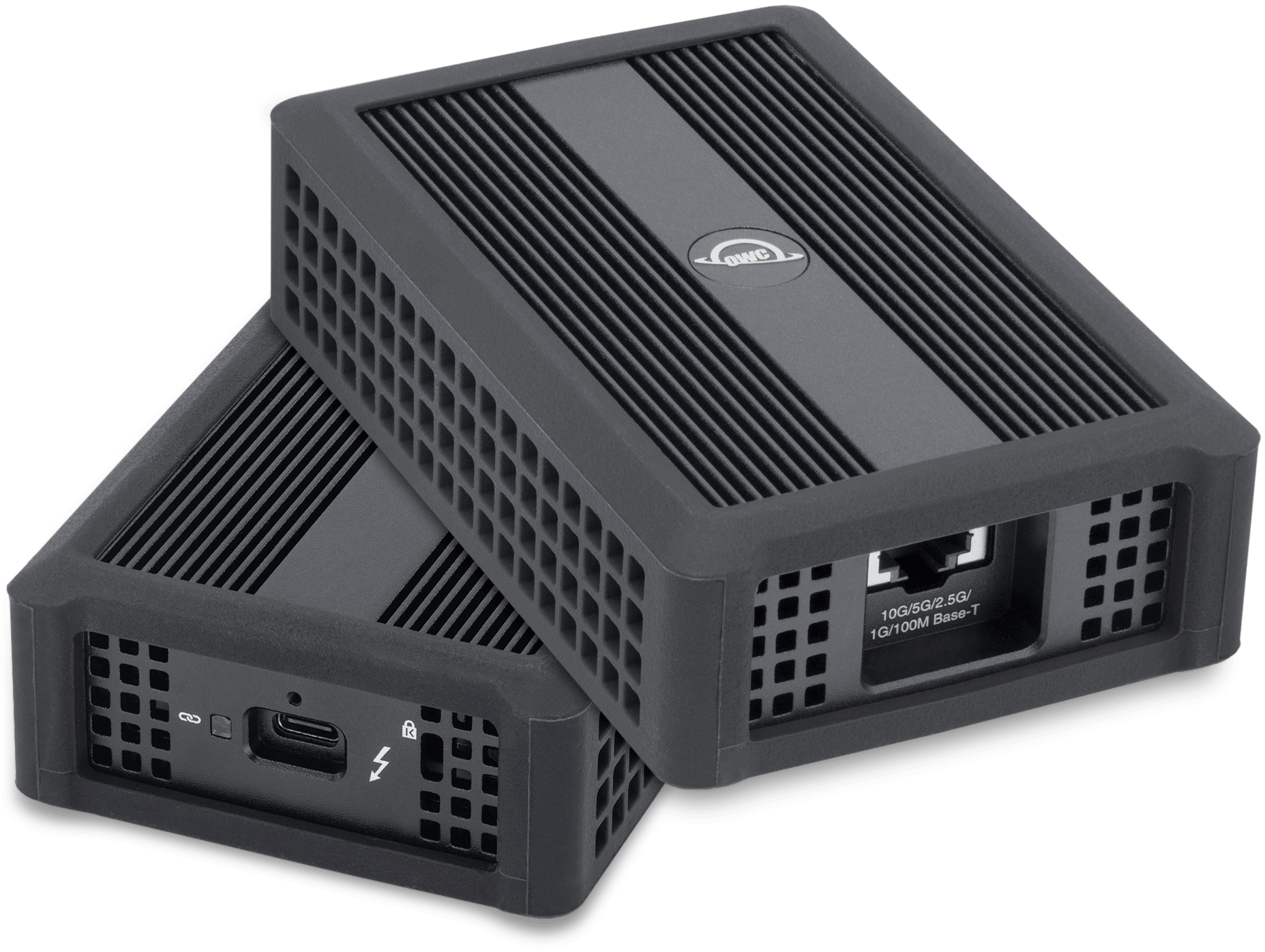 Two OWC Thunderbolt 4 10G Ethernet Adapters stacked showing the front and back ports