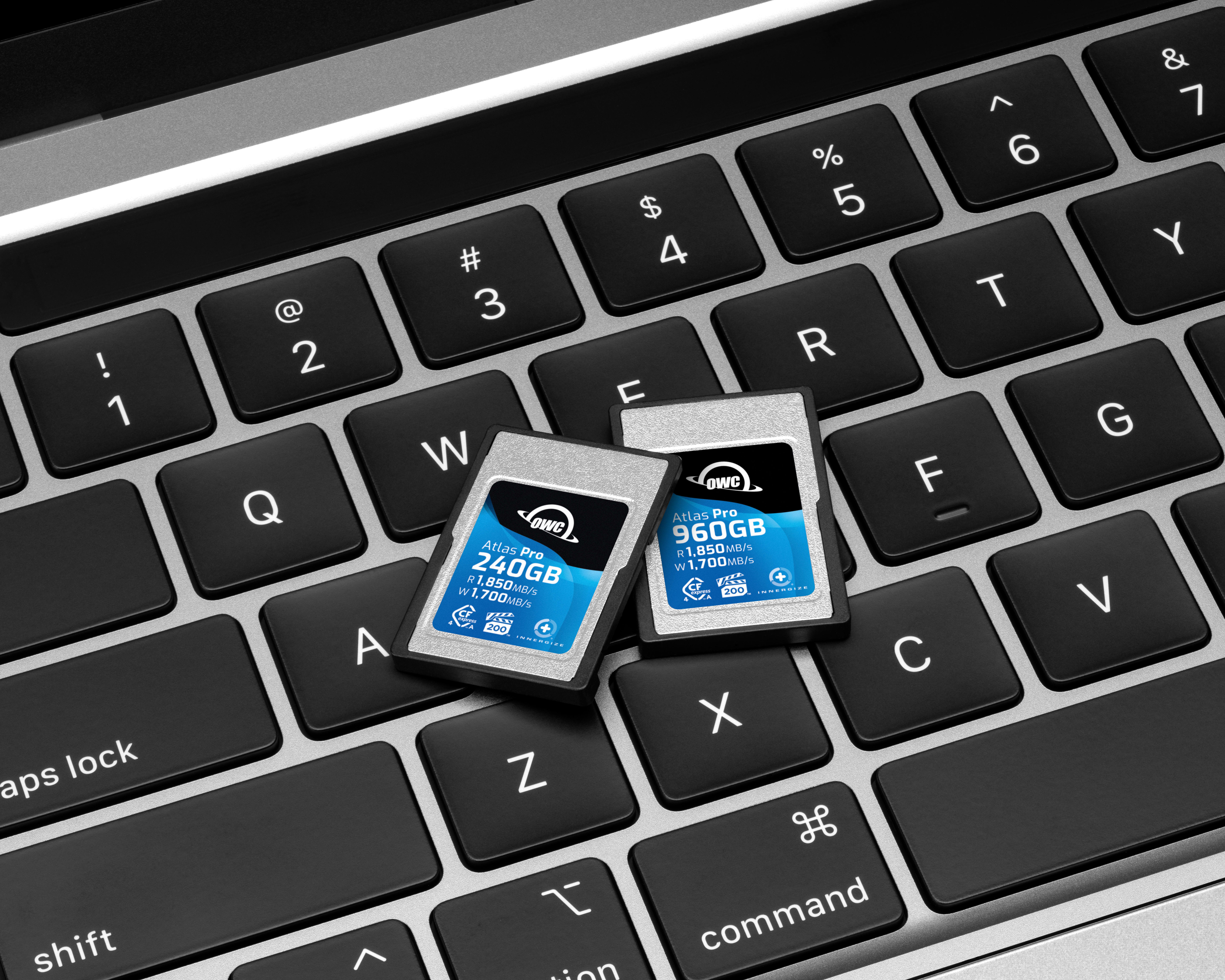 OWC Atlas Pro CFexpress Type A Memory Cards on MacBook Pro keyboard