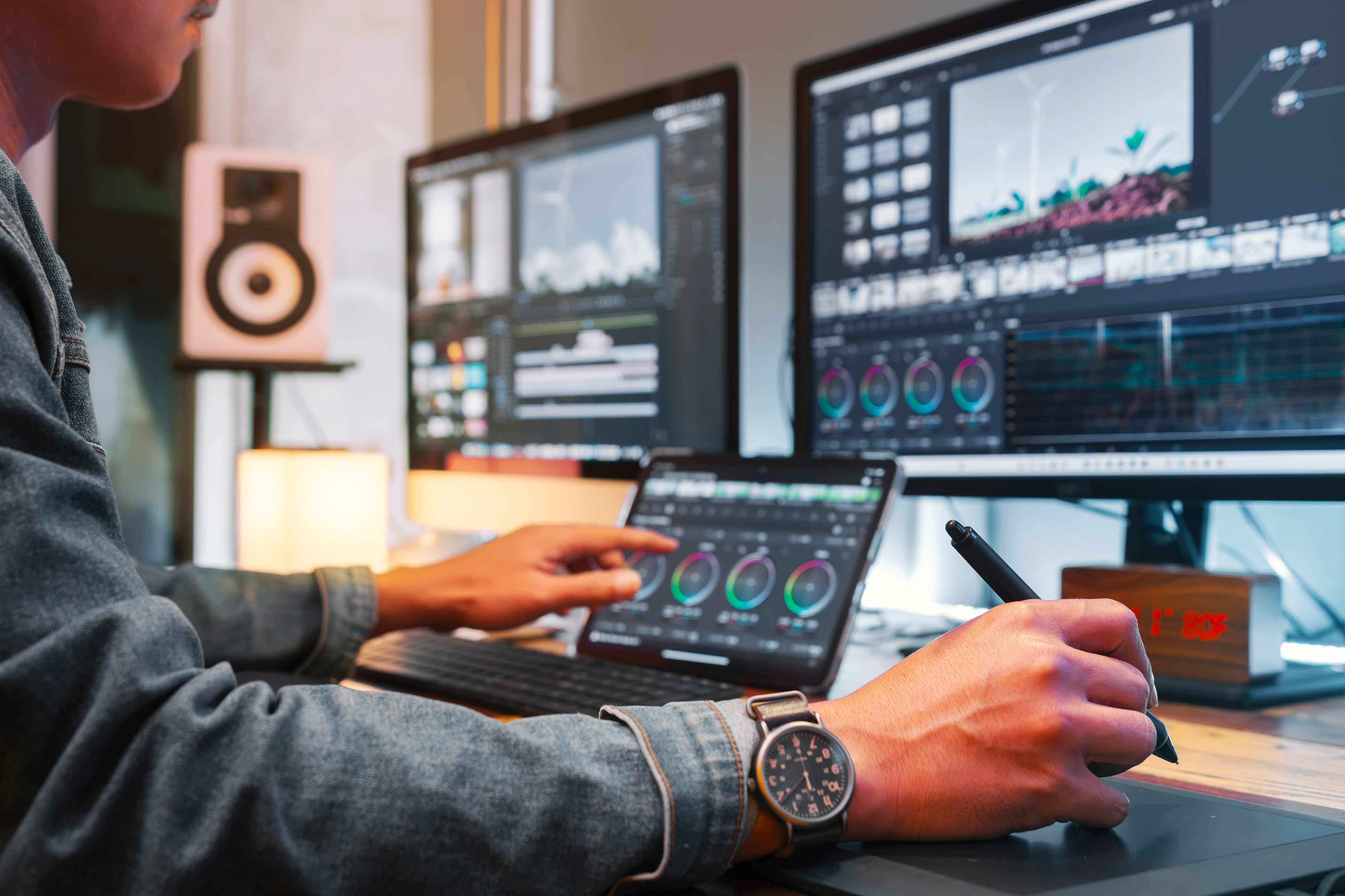 Closeup of a person's hands as they work with video editing software
