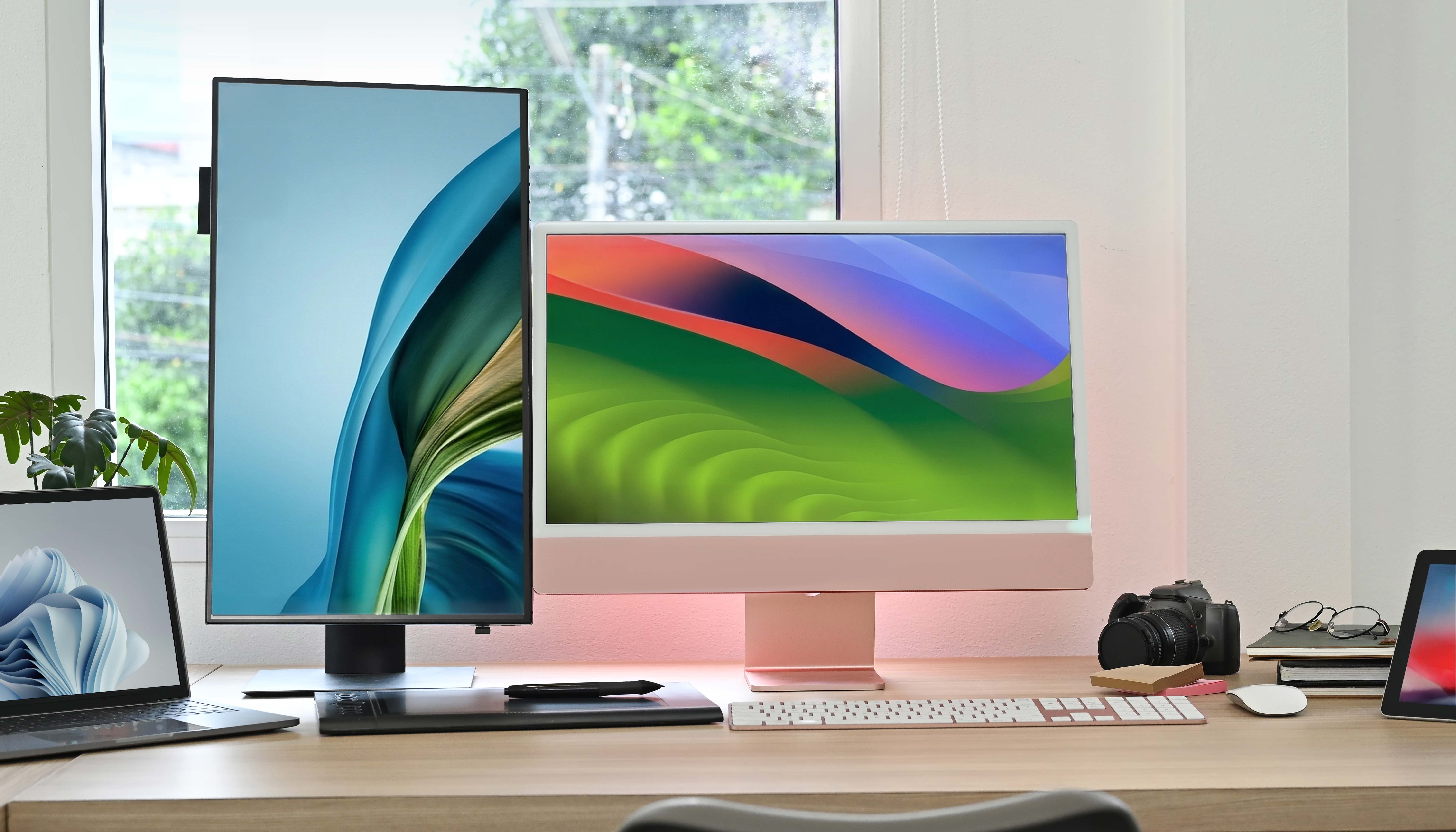 Desktop with iMac, display in vertical format, and MacBook Pro