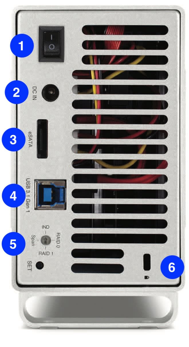 Mercury Elite Pro Dual with USB and eSATA rear view