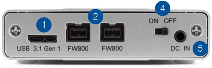 Mercury Elite Pro Mini rear view USB 3.1 Gen 1 / FireWire 800