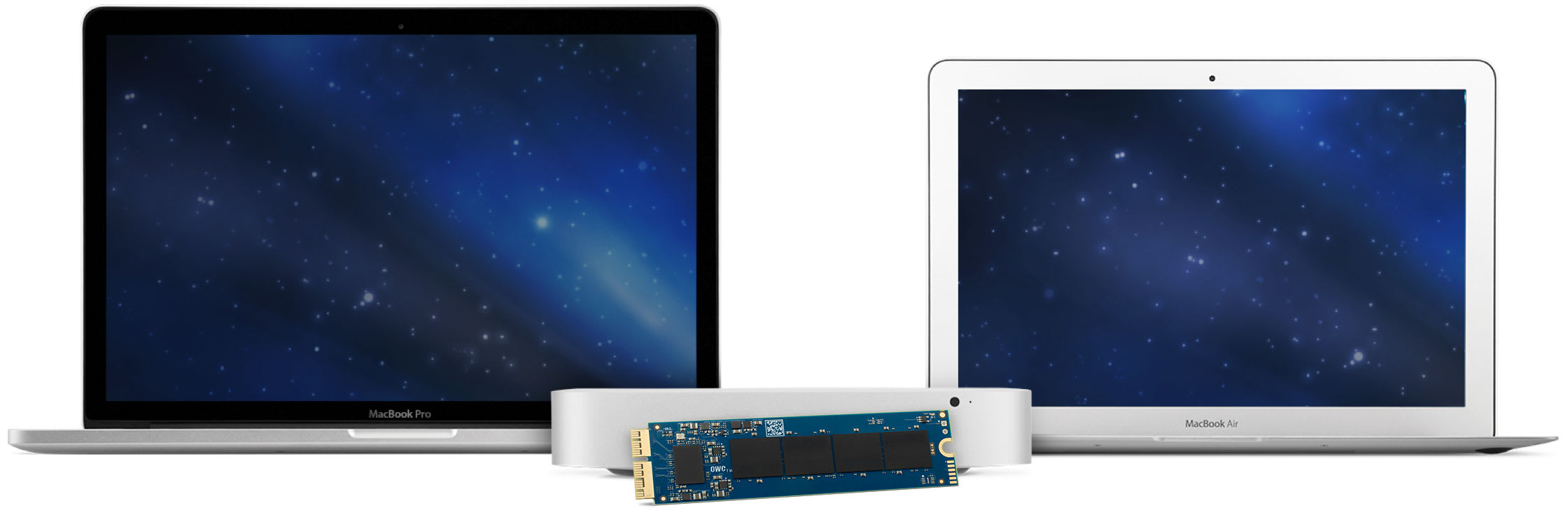OWC Aura Pro X2 SSD with MacBook Pro, Mac mini, and MacBook Air