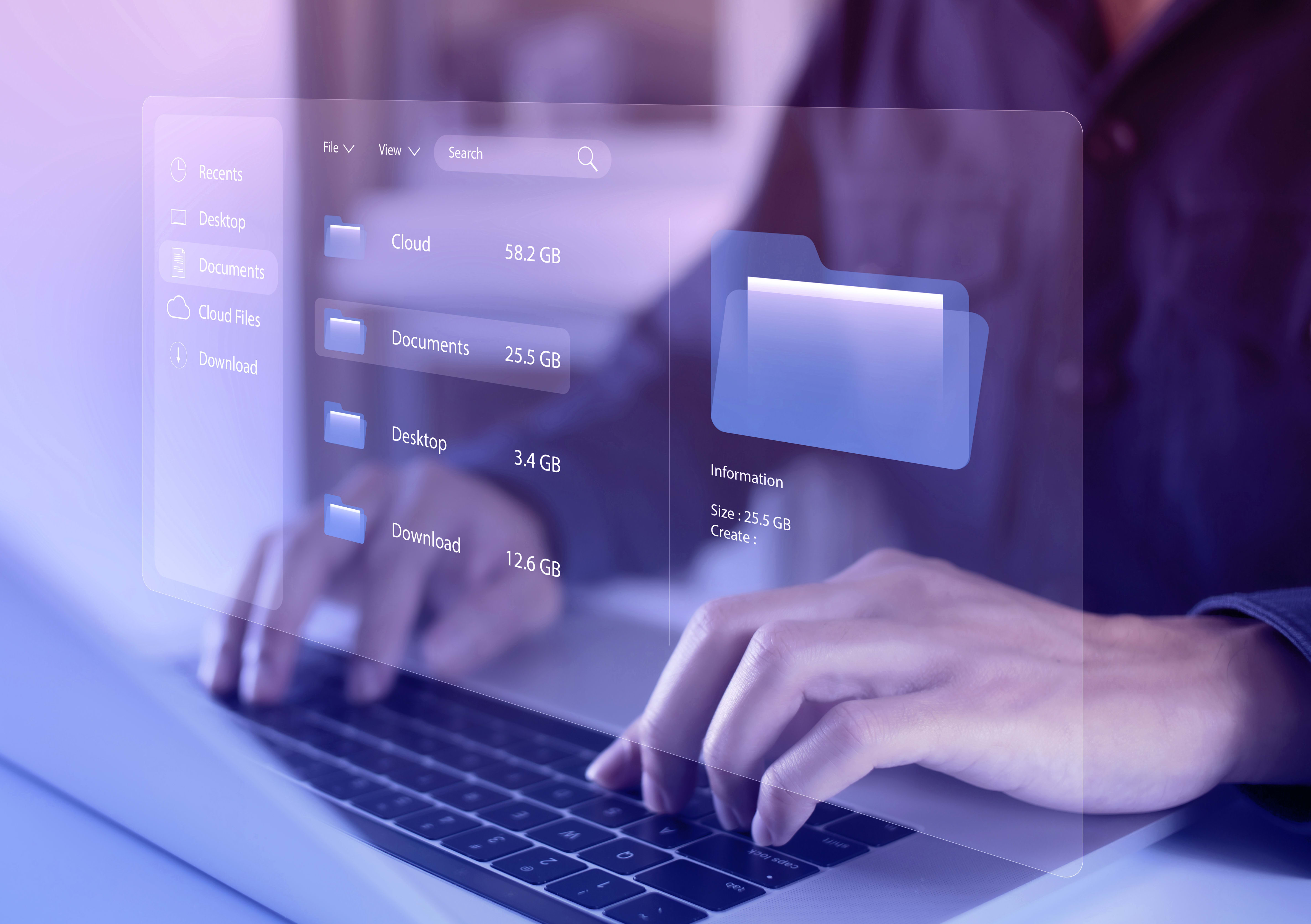 User operating a laptop with visual depiction of storage options