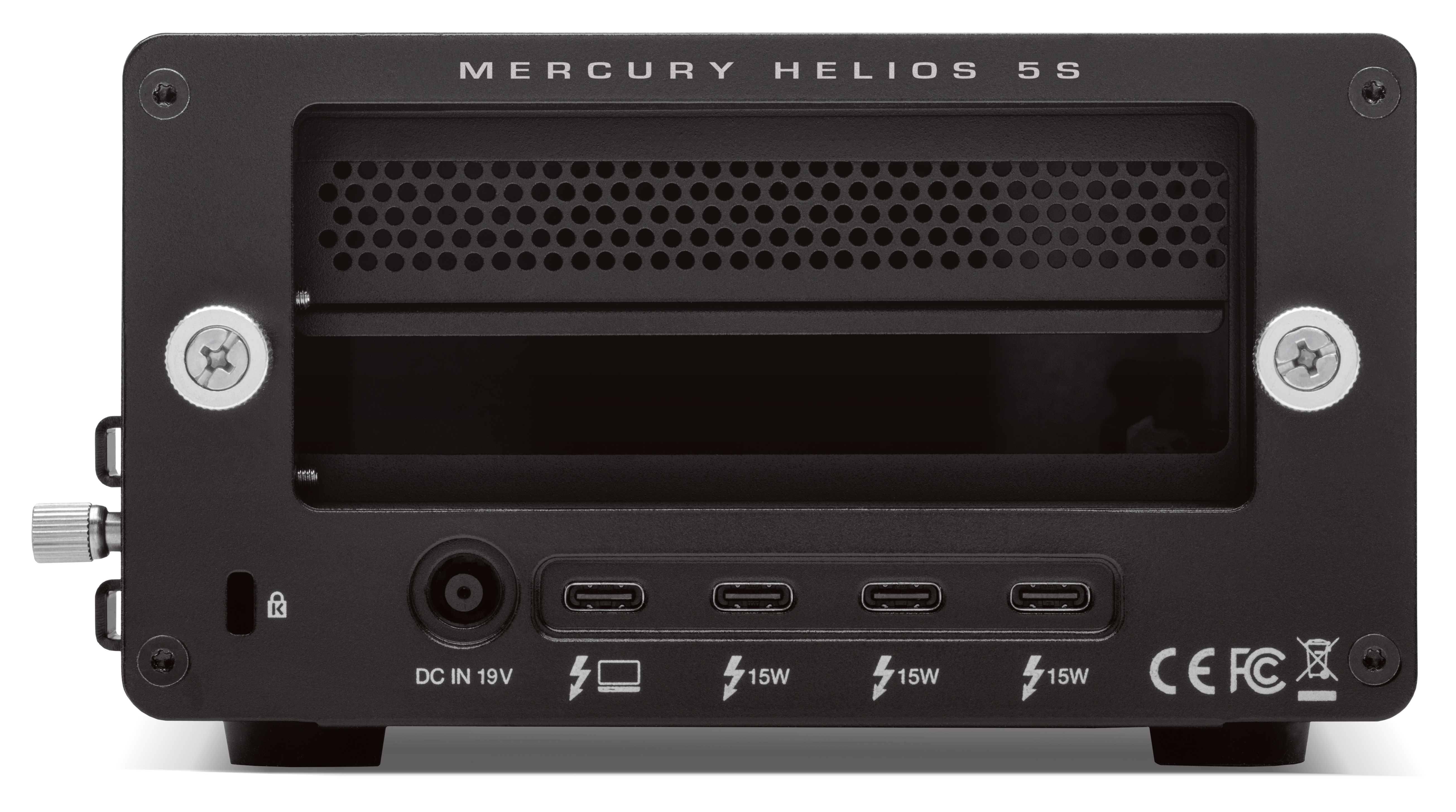 OWC Mercury Helios 5S rear image with ports on display
