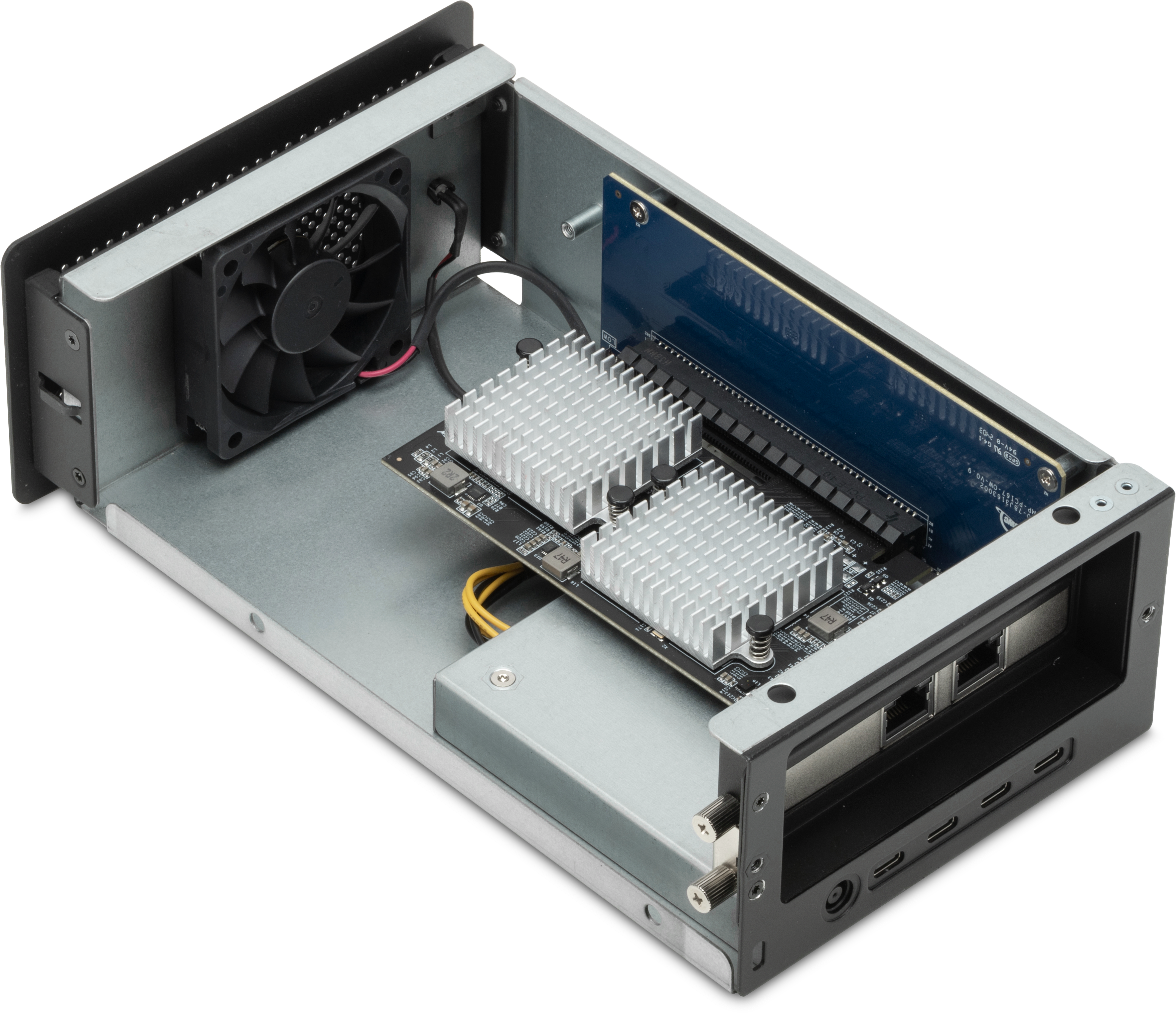 OWc Mercury Helios 5S open with a visible PCIe card