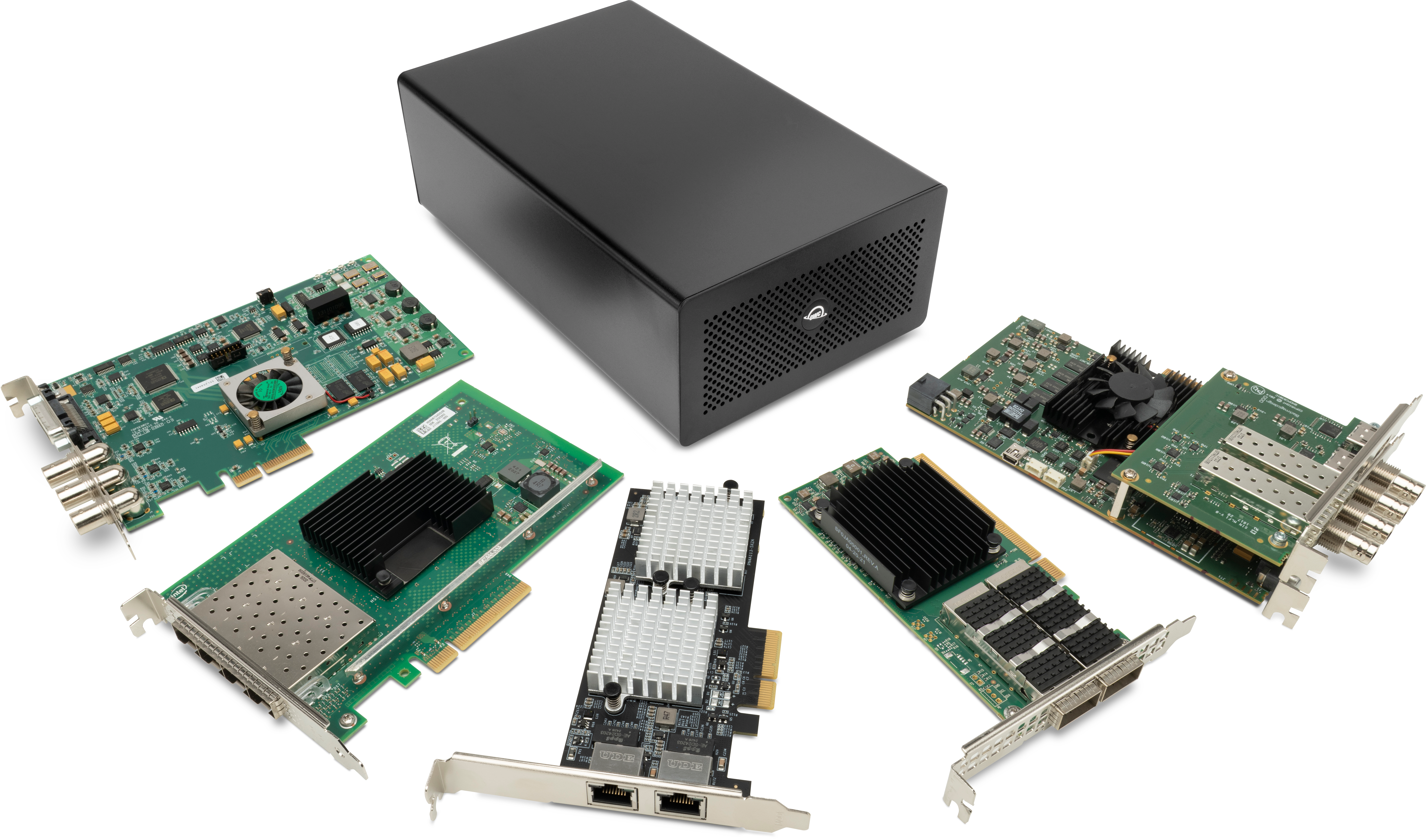 The Mercury Helios 5S laid out amidst a collection of five PCIe cards