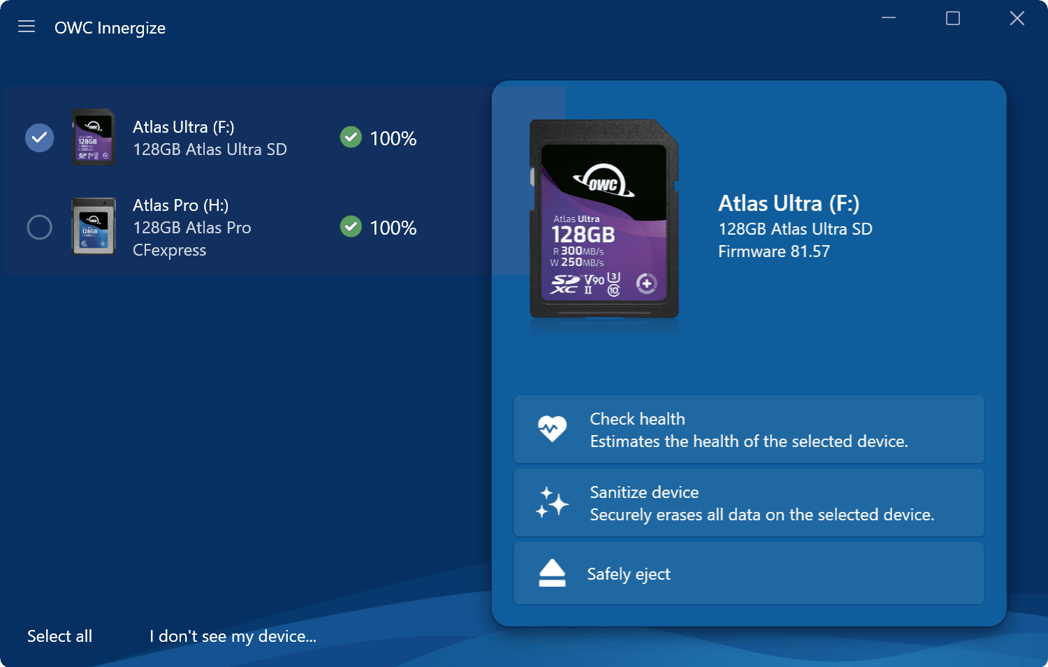 OWC Innergize screenshot - Main screen