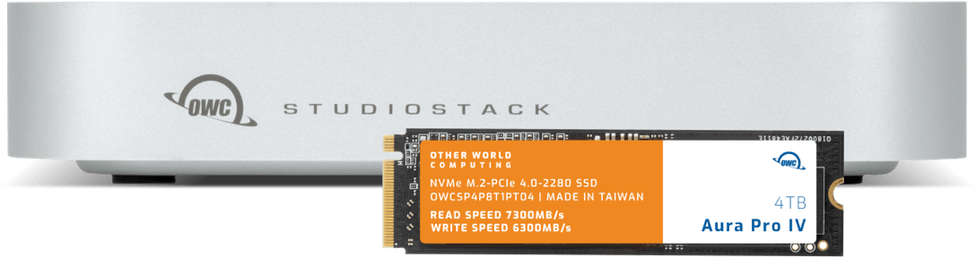 Front view of OWC StudioStack with OWC Aura Pro IV M.2 SSD