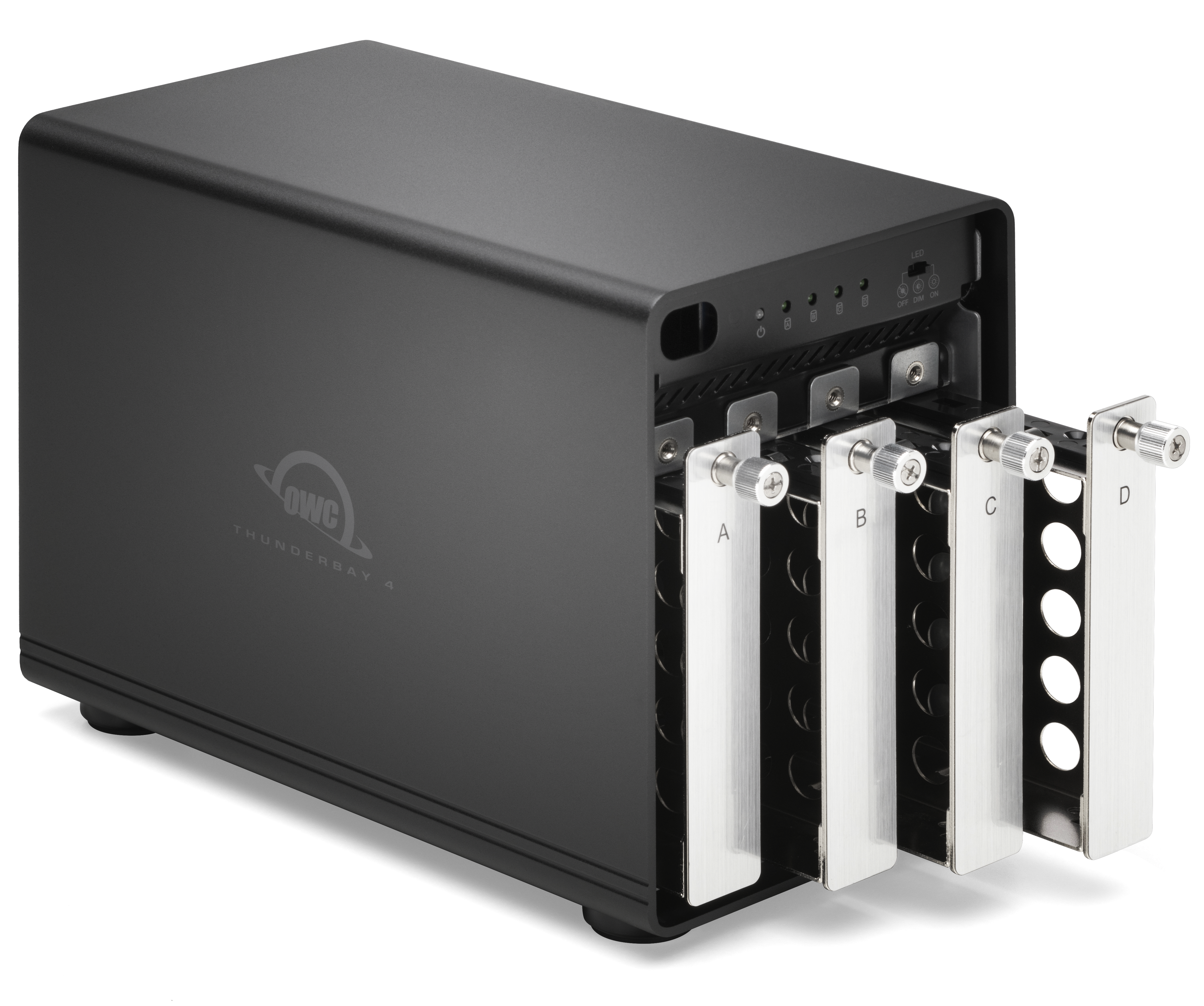 OWC ThunderBay 4 facing right with drive trays out