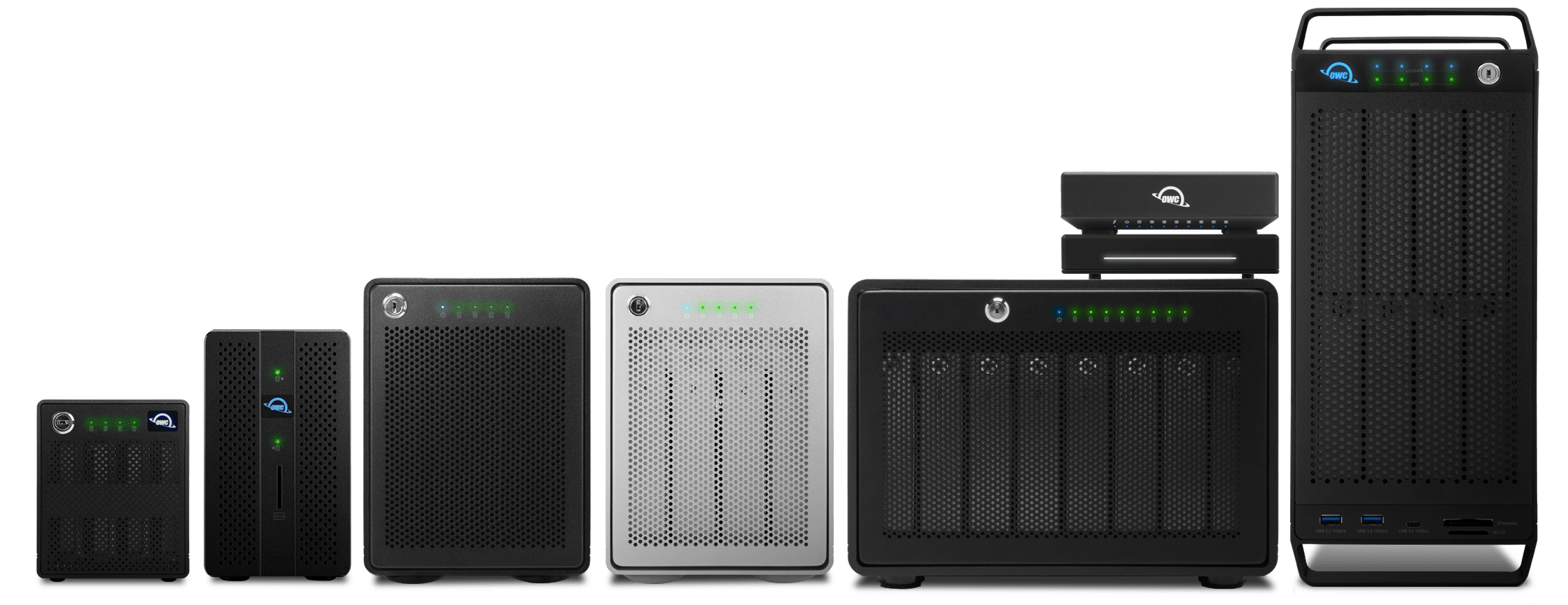 Lineup of OWC storage solutions that come with OWC SoftRAID included