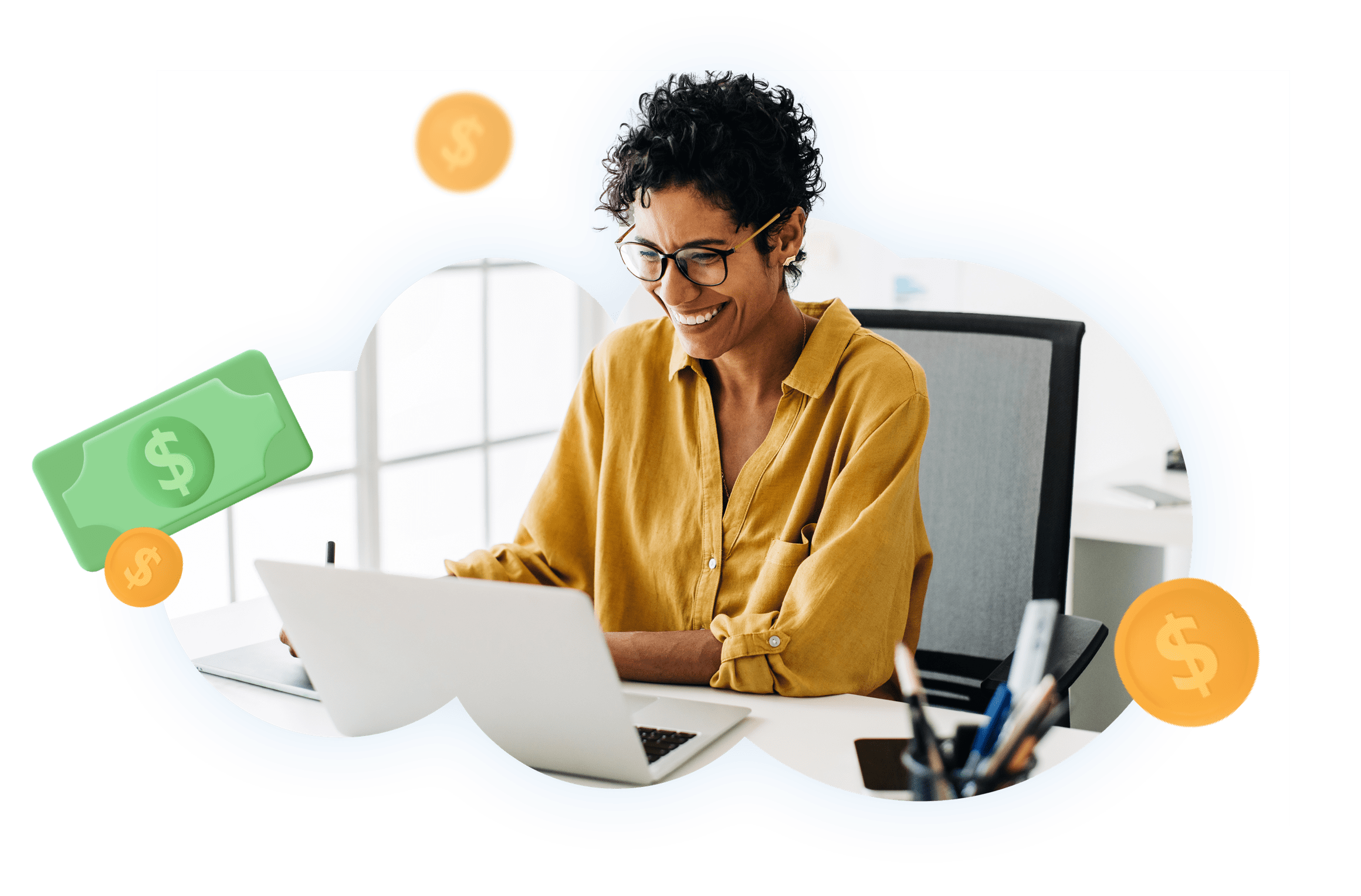 Woman sitting at desk looking at laptop