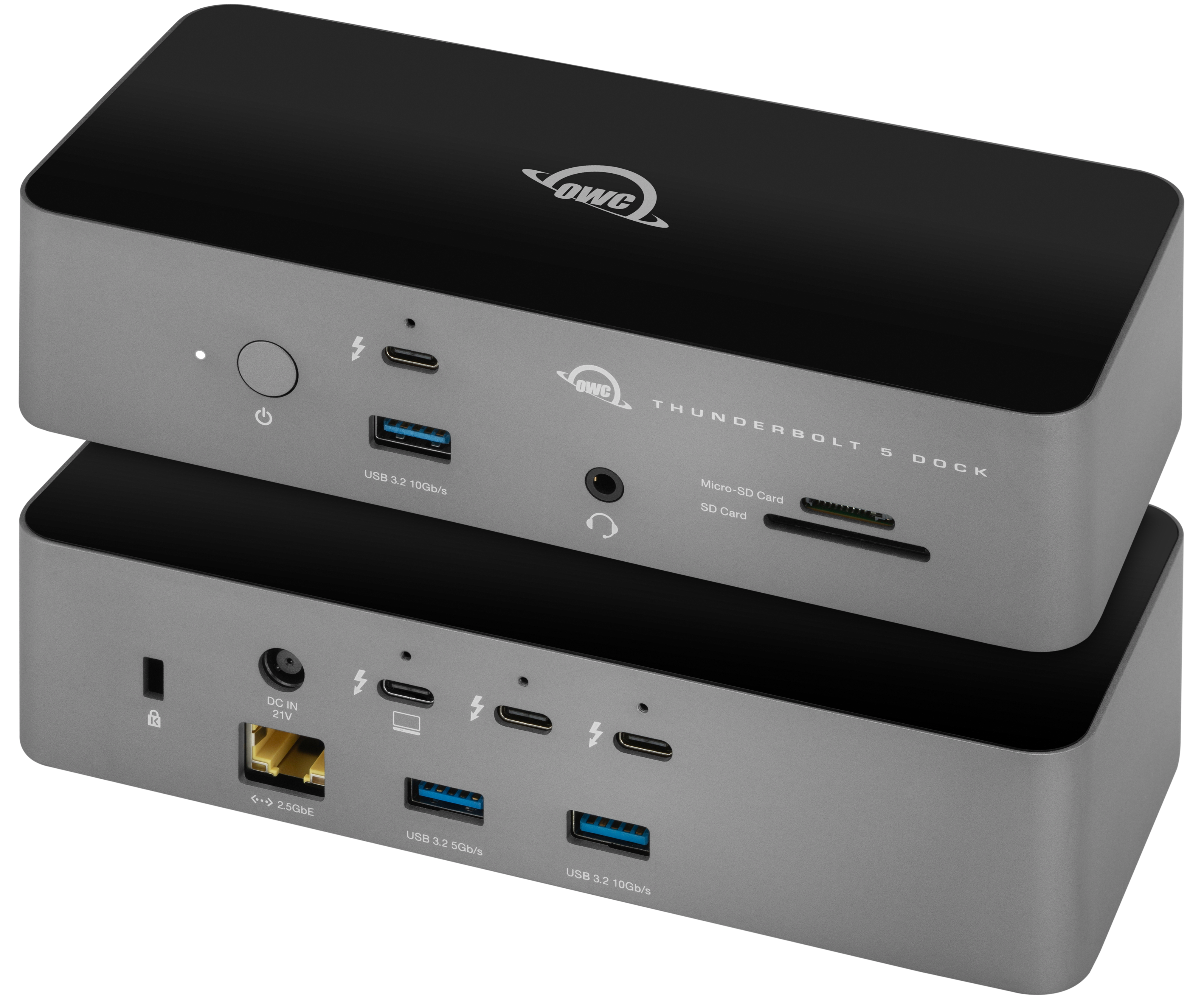 Two OWC Thunderbolt 5 Docks showing front and back