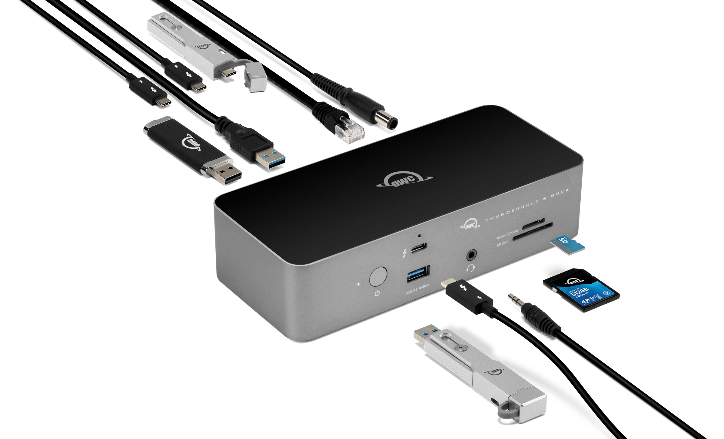 OWC Thunderbolt 5 Dock with cables, thumb drives, and memory cards