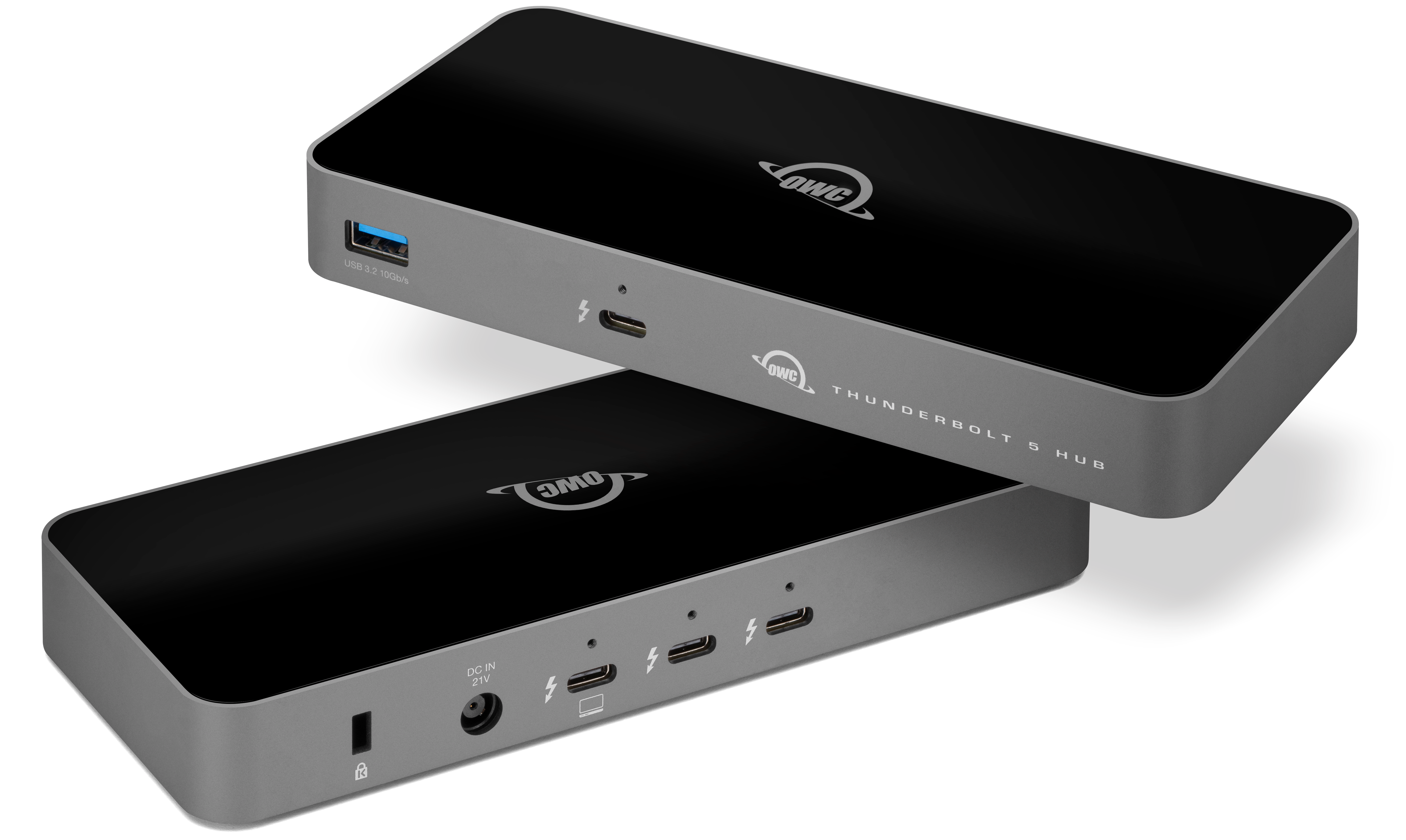 Two OWC Thunderbolt 5 Docks showing front and back