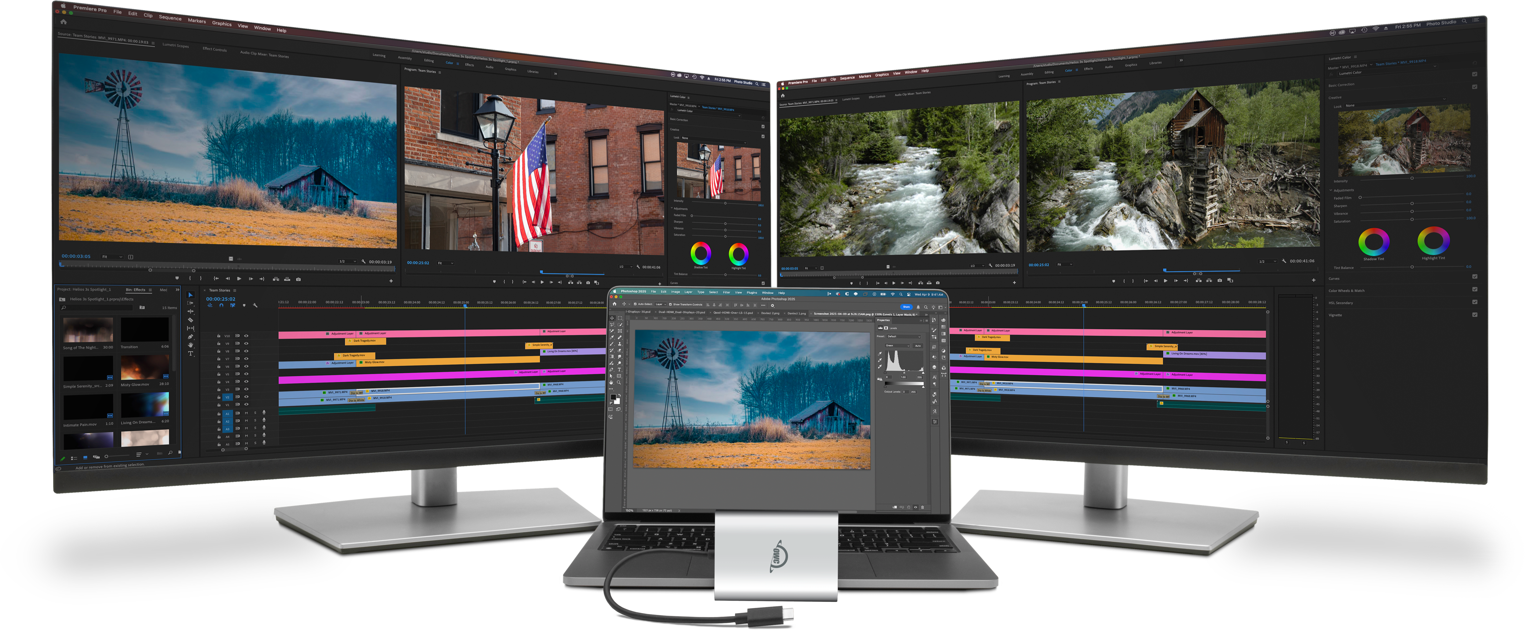 OWC USB-C Dual HDMI 4K Display Adapter with a laptop and two monitors